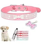 Puppy Collar with Rhinestone Name Plate, Pretty Bow Crystal Glitter Jewel Bling Sparkly Diamond C...