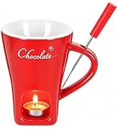 Ceramic Chocolate Fondue Mug with Tealight and Fork, Mini Melting Cup for Chocolate, Cheese, Dess...