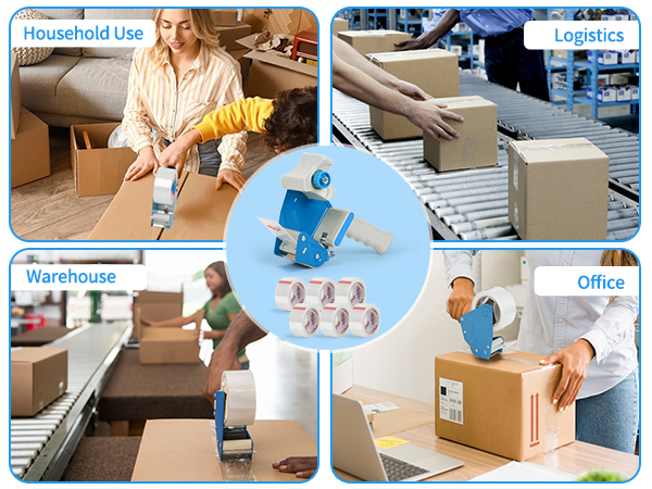 Packing tape dispenser with 6 rolls for home, warehouse, office and shipping applications