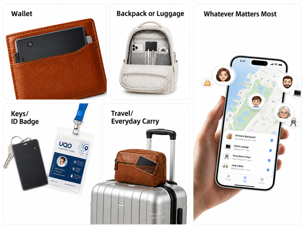 Slim card tracker for wallets, backpacks, luggage, keys, ID badges and everyday items