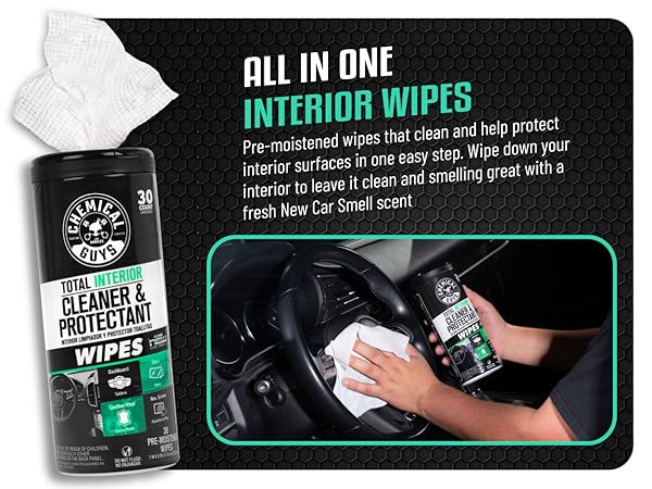 Automotive interior wipes restoring clean finish on steering wheel, dash, and interior trim