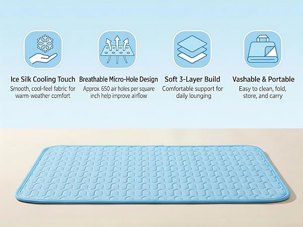Ice Silk Cooling Touch,Breathable Micro-Hole Design,Soft 3-Layer Build,Washable & Portable