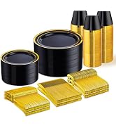WELLIFE 450 PCS Black and Gold Disposable Dinnerware Set for 75 Guests, Plastic Plates for Party,...