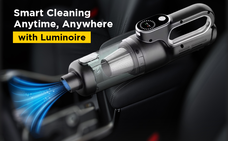 Handheld Luminoire vacuum cleaner removing dust from car seat with bright LED suction effect