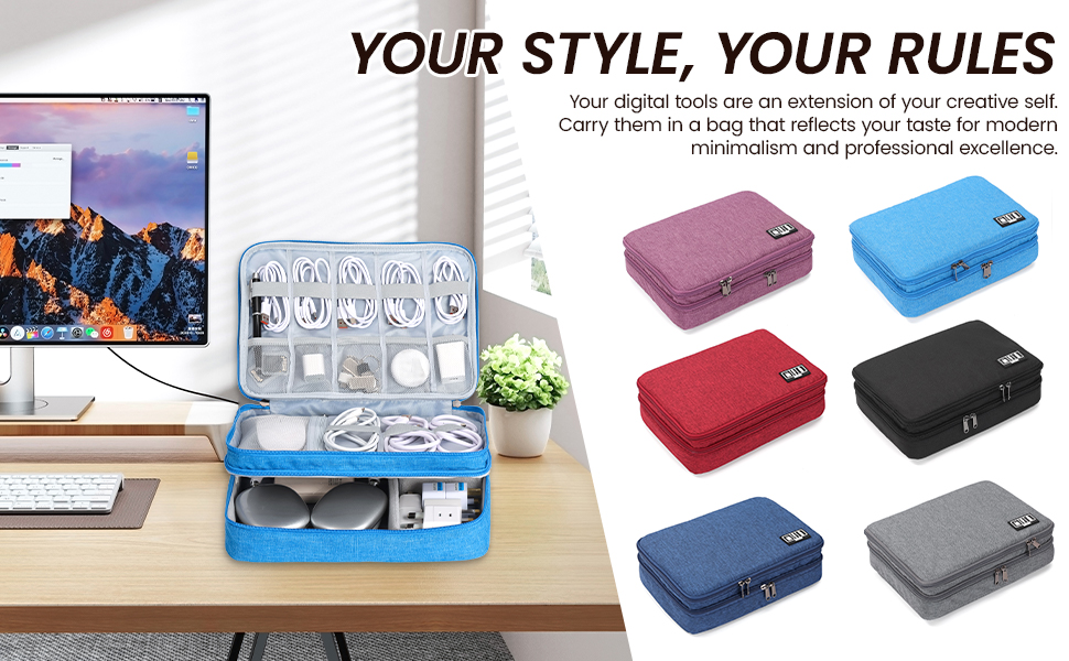 Multi functional double layer cable organizer bag displayed in six elegant colorways.