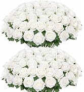 Ouddy Decor 50 Pcs Artificial White Roses Bulk Realistic Fake Silk Flowers with Long Stems for We...