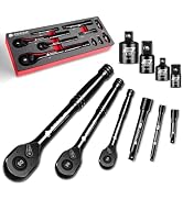 zhax 10-Piece Ratchet Set, 1/4”, 3/8”, 1/2” Drive 90-Tooth Ratchets & Accessories, Quick Release ...