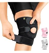 Adjustable knee brace with open patella design. Black neoprene material with gray accents. Velcro straps for customizable fit. Smaller pink and gray versions shown in corner.