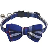 THAIN Cat Collar Breakaway with Bell and Bow Tie Safety Buckle Blue Plaid Pattern Adjustable 7-11...
