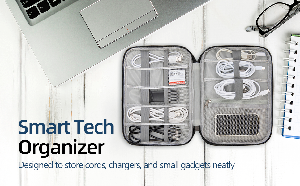 Smart tech organizer keeping cords chargers and mouse neat next to laptop for digital nomads