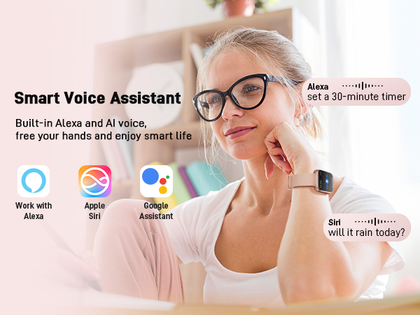 Smart voice assistant device advertisement showing compatibility with Alexa, Apple Siri, and Google Assistant. Features built-in AI voice control for hands-free smart home management.