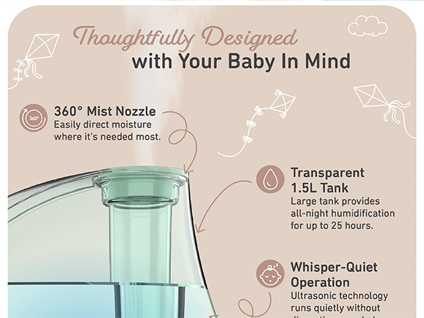 thoughtfully designed transparent tank night light 360 mist nozzle whisper quiet auto shut off