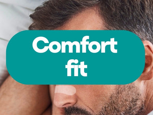 Text reads 'Comfort fit'. Product marketing image showcasing turquoise text overlay on background.