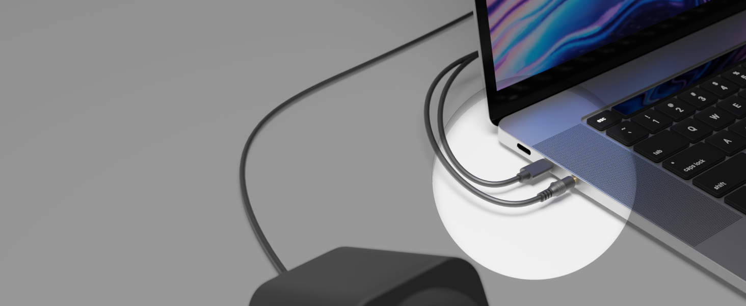 FUNLOGY Speaker Plus connected to a laptop with USB-C power and 3.5 mm AUX audio.