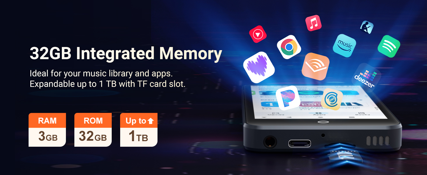 Text reads '32GB Integrated Memory'. Digital interface showing app icons floating above device with memory capacity indicators '16GB', '32GB', '1TB'.