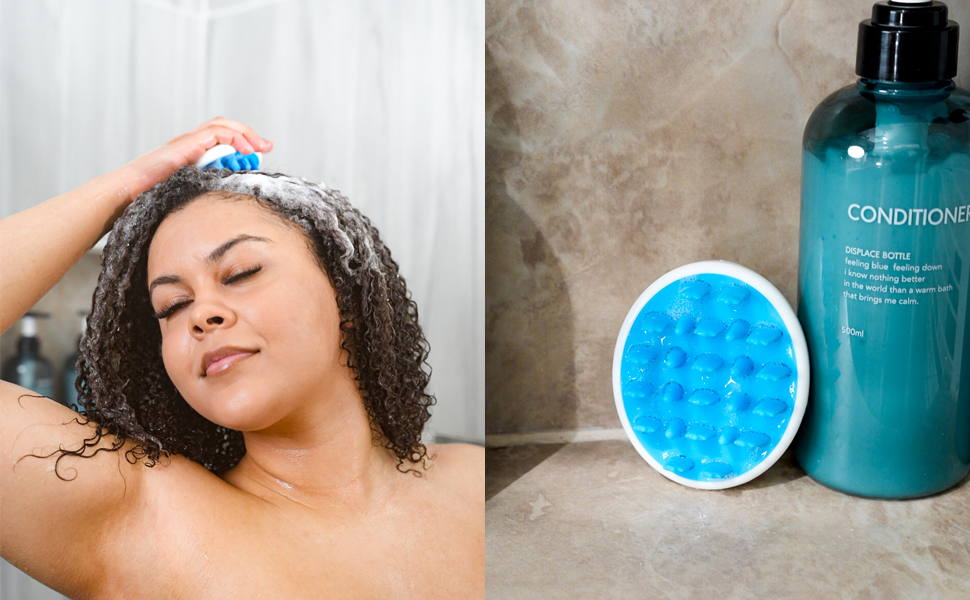 female using ZMA-12 shampoo hair brush scalp massager for exfoliation