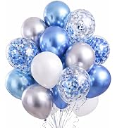 Chrome Blue & Silver Balloon Set, 60 Pack 12 Inch– Chrome Blue, Silver, White and Confetti Balloo...