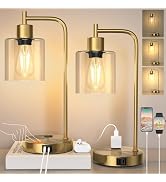 QiMH Set of 2 Industrial Touch Control Table Lamps with 2 USB Ports and 2 AC Outlets, 3-Way Dimma...