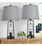Farmhouse Table Lamps with 2 USB Ports, Set of 2 Rustic Industrial Desk Lamp for Living Room, Mul...