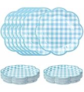 SietDESEO 50 PCS Light Blue Gingham Paper Plates 7 Inch Baby Blue and White Scalloped Dessert Pla...