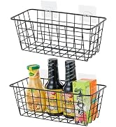 2 Pack Hanging Kitchen Basket Wire Storage Basket Traceless Stick Basket on Cabinet Door Wall Org...