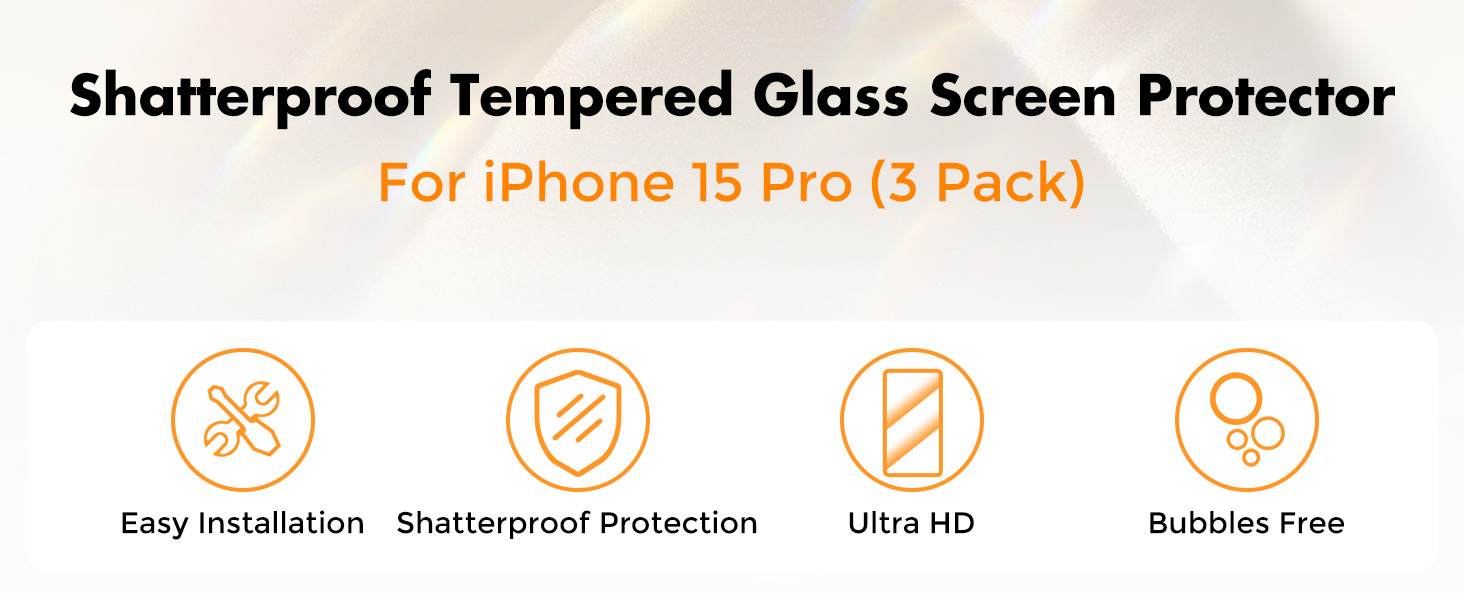 iPhone 15 Pro screen protector package showing four feature icons: easy installation, shatterproof protection, ultra HD clarity, and bubble-free application.