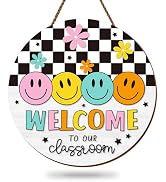 FYSUIMU Boho Smile Face Classroom Welcome Door Sign Back to School Wooden Hanging Sign Black Whit...