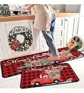 Buffalo Plaid Red Truck Christmas Kitchen Rugs 2 PCS, Merry Christmas Kitchen Rug, Non Skid Washa...