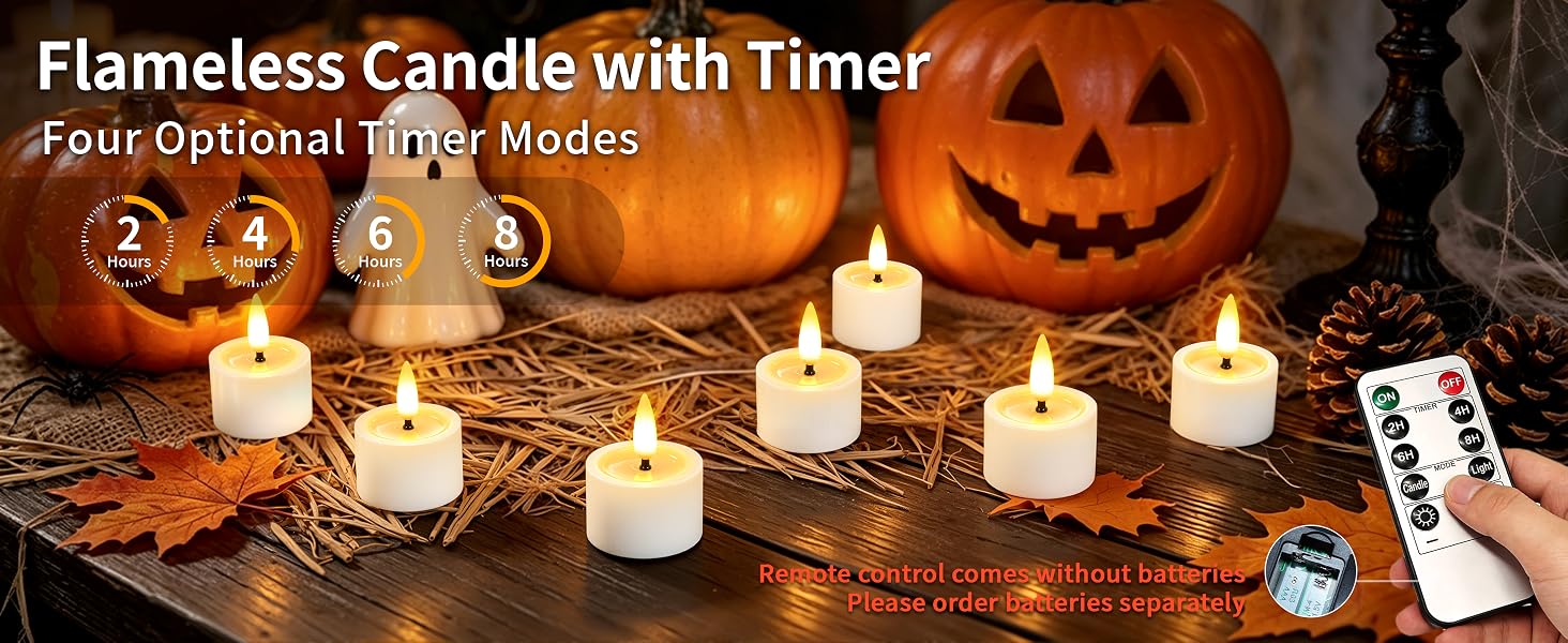 Text reads 'Flameless Candle with Timer' and 'App optional + Dry Modes'. Multiple white LED flameless candles displayed among pumpkin decorations and autumn leaves with remote control visible.