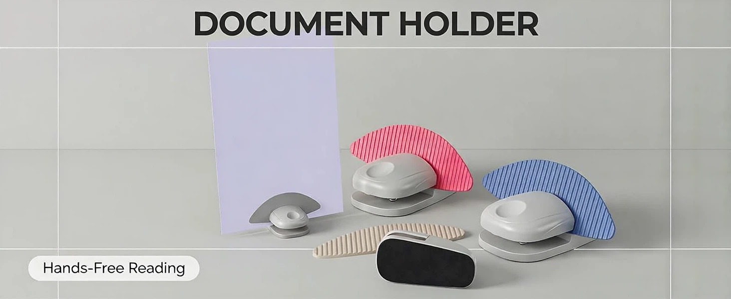 Desktop document holder with silicone grip pads keeps papers stable for typing reading and writing