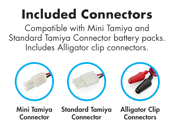 Includes mini Tamiya, standard Tamiya, and alligator clip connectors