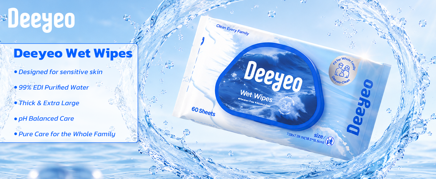 Deeyeo Wet Wipes,Designed for sensitive skin,99% EDI Purified Water,Thick & Extra Large