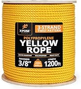 Yellow Twisted Polypropylene Rope, 3/8" Thickness x 1200' Length Heavy Duty Poly Ropes for Outdoo...