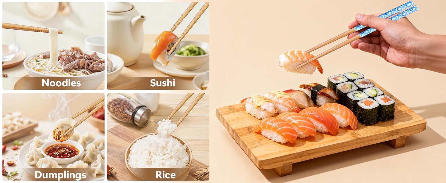 Reusable Bamboo Chopsticks and 5PCS Ceramic Rests Set