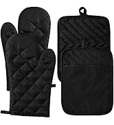 R HORSE 4Pcs Oven Mitts Pot Holders Set for Kitchen, Cotton Lining Heat Resistant Oven Gloves Bla...