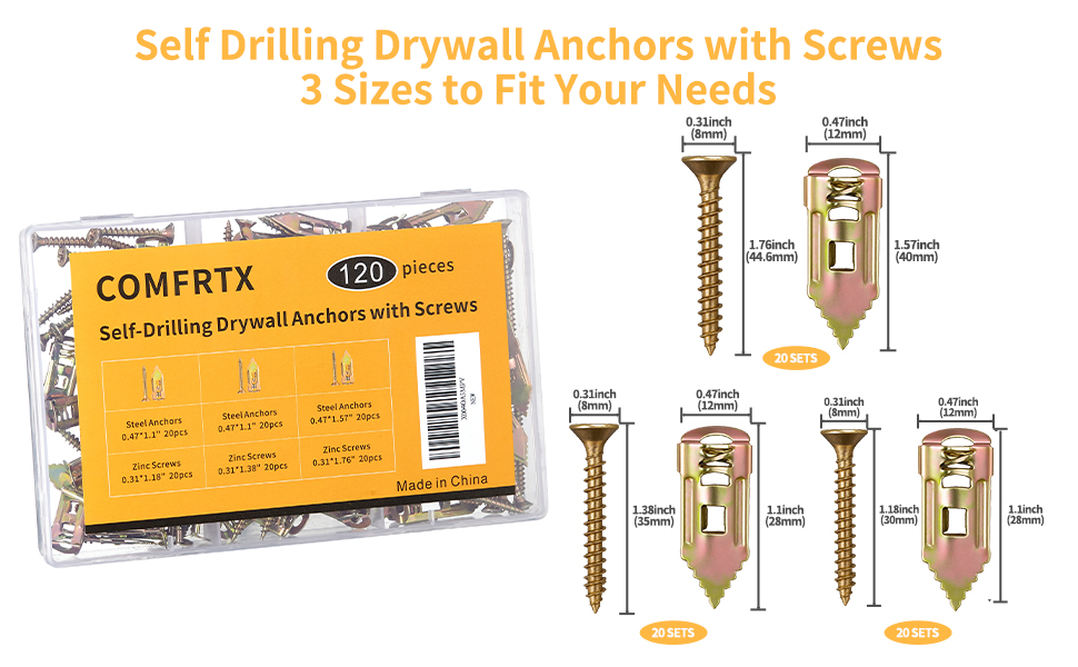 3 Sizes Metal Expansion Bolts for Drywall