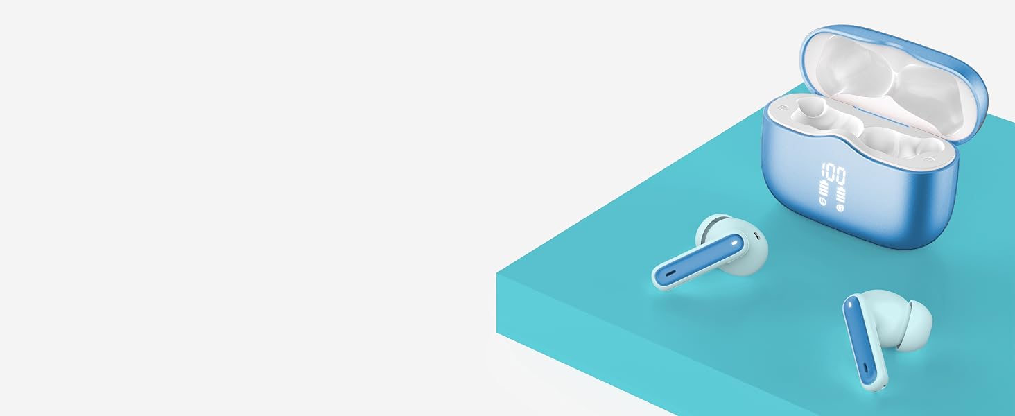 Wireless earbuds with light blue accents and a matching charging case on a teal surface. One earbud is outside the case, showcasing its sleek design.