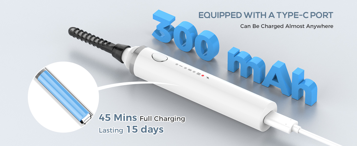White electric toothbrush with Type-C charging port. Features 45-minute full charge lasting 15 days. Text '300 mAh' displayed in blue 3D letters.
