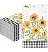 HEIPINIUYE 50 Pieces 3-ply Sunflower Paper Napkins Floral Gingham Guest Napkins Disposable Hand T...