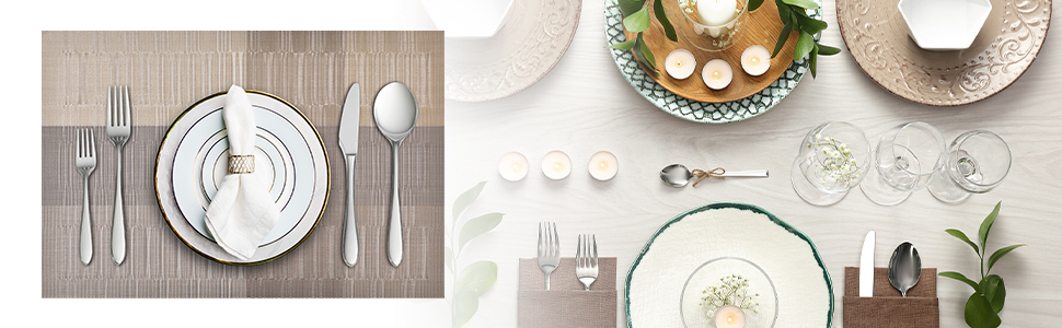 a table setting with a silver spoon and plates.