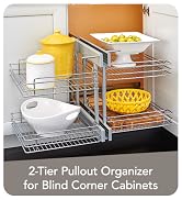 Dual Tier Pull Out Shelf Organizer for Blind Corner Kitchen or Bathroom Cabinets