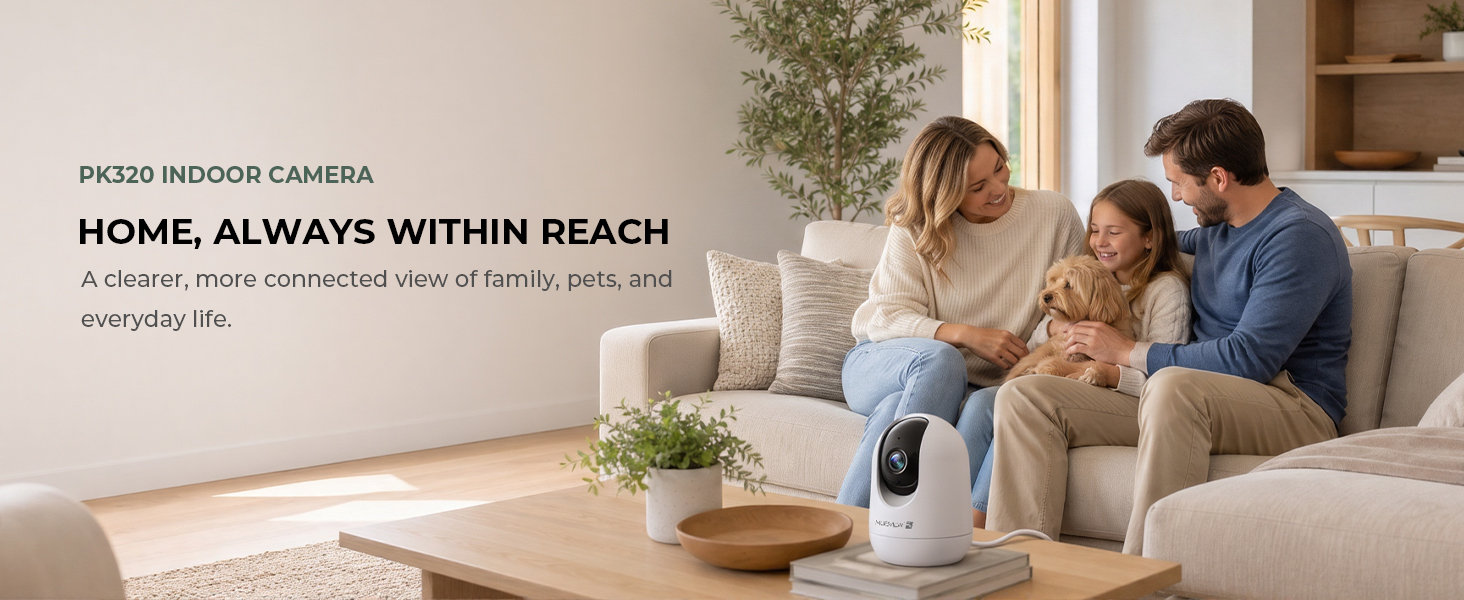 White indoor camera on a coffee table as a family relaxes together in a living room.