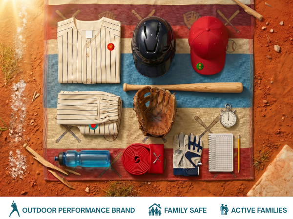 Baseball uniform and equipment flatlay on dirt field with mosquito patches on jersey and cap