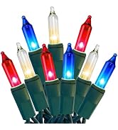 Red White Blue 4th of July Patriotic Day Decorations Lights 100 Count Mini String Lights with Gre...