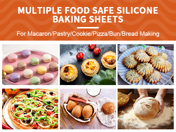 Food-safe silicone baking sheets advertised for multiple uses, shown with examples of macarons, pastries, pizza, and bread making in six demonstration photos.