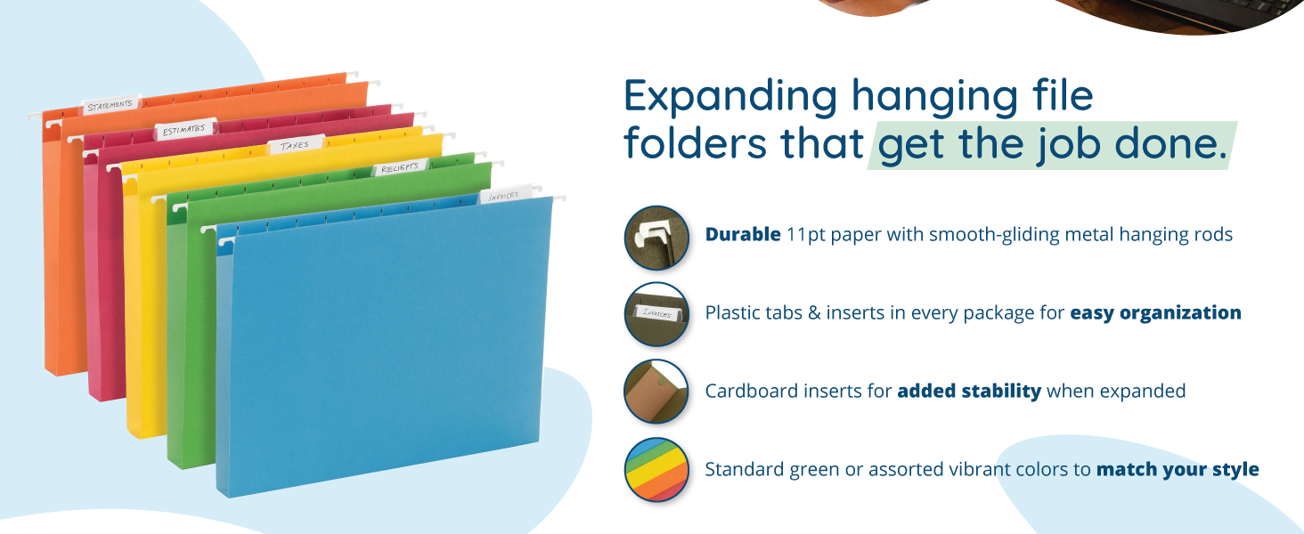Colored expanding hanging file folders with description of features