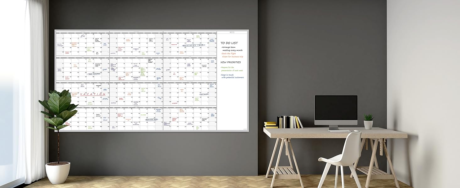 Large Reusable Dry Erase Yearly Wall Calendar - Jumbo Premium Laminated 12 month Task Organizer