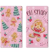 Croar Pink Christmas Gingerbread Man Oh Snap Kitchen Dish Towels Set of 2, Xmas Tree Candy Cane H...