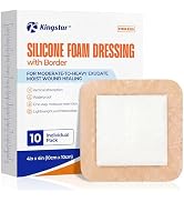 Kingstar 4x4 Silicone Foam Dressing with Border, 10 Pack - High Absorbency Waterproof Adhesive Fo...