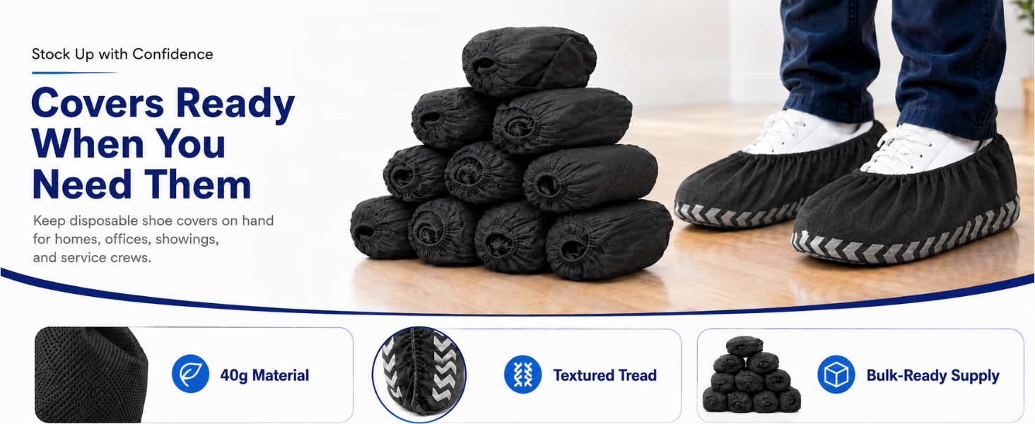 Stacked disposable black disposable shoe covers with textured tread and bulk-ready supply